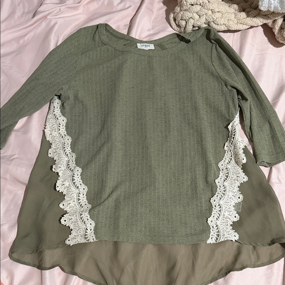 Umgee Sage Green Blouse with Lace Accents